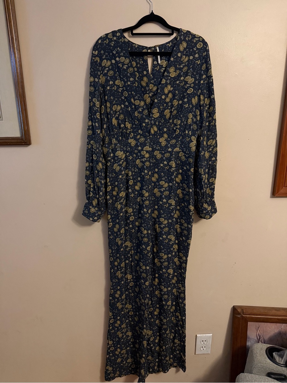Long Sleeve Deep V Floral Romper in Navy and Mustard